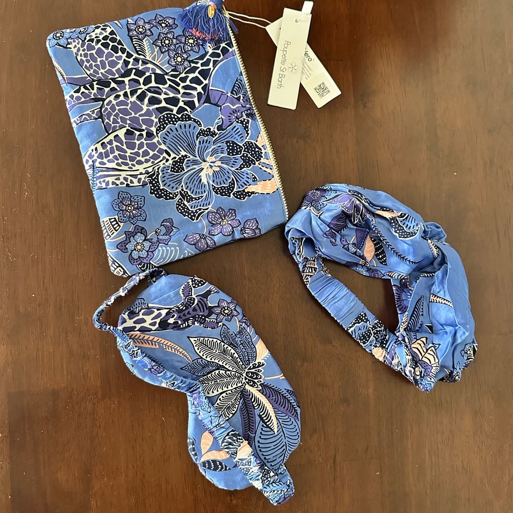 Poupette St. Barth Blue Floral Headband, Eye Mask & Pouch Set